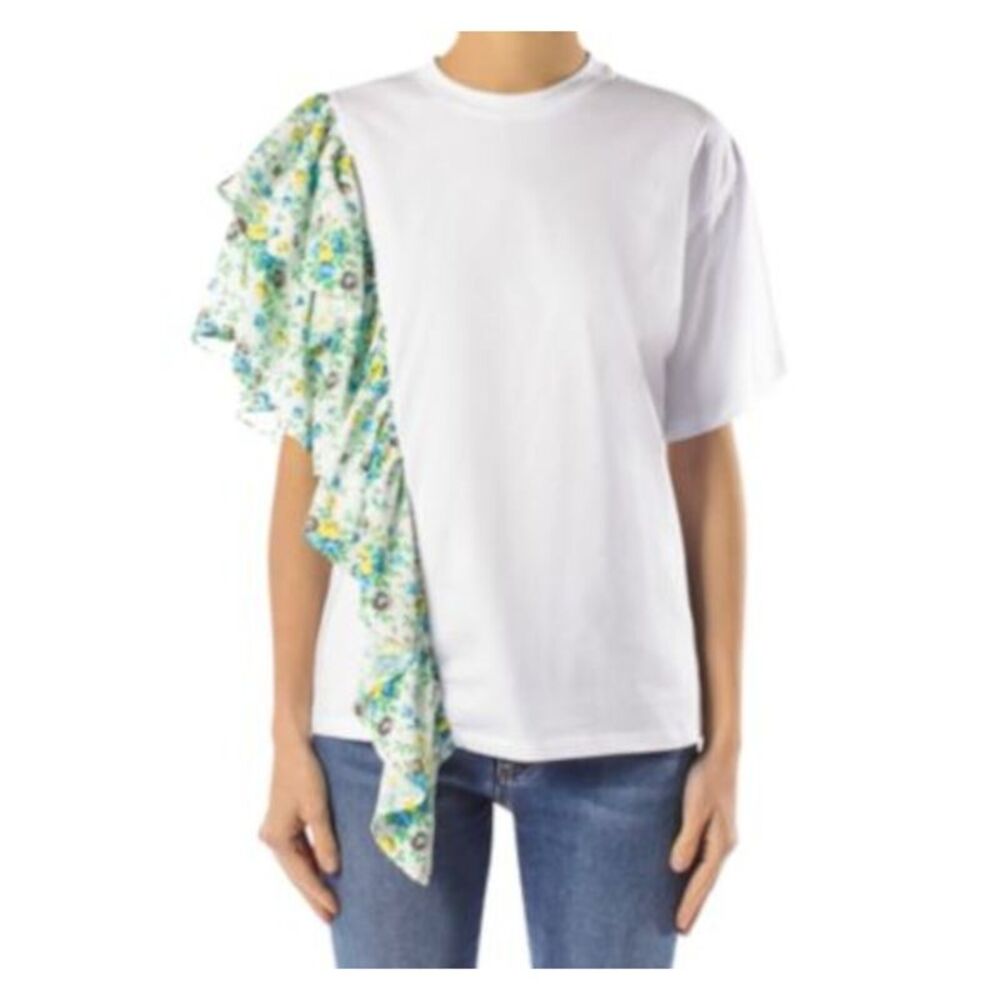 MSGM Womens White Ruffled Floral Short Sleeve Crew Neck T-Shirt S
